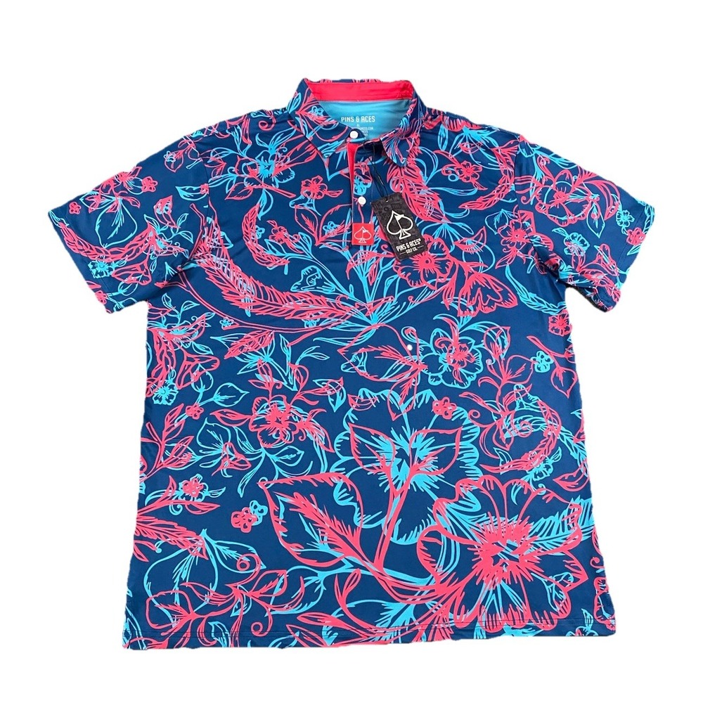 Pins & Aces Polo Shirt Men's XL CABO COLADA Blue Floral Built In Sunglass Holder